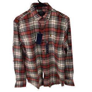 Izod Mens S Plaid Flannel Button-Up Shirt Bordeaux Wine